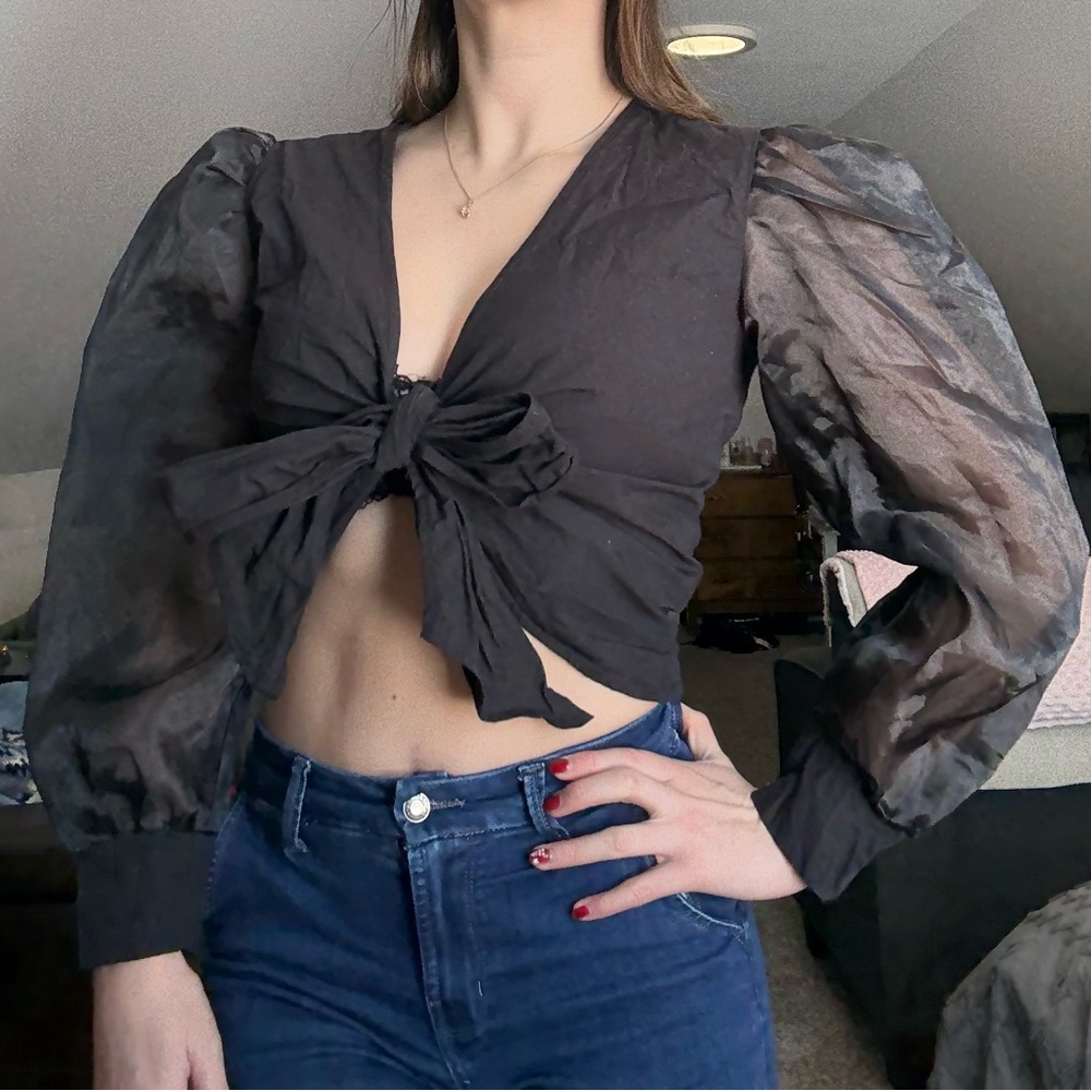 Black Sheer Puff Sleeve Tie Front Blouse | Cropped Statement Top